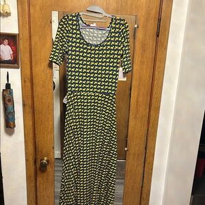 LuLaRoe Navy and Yellow Scottish Dog Patterned Maxi Dress